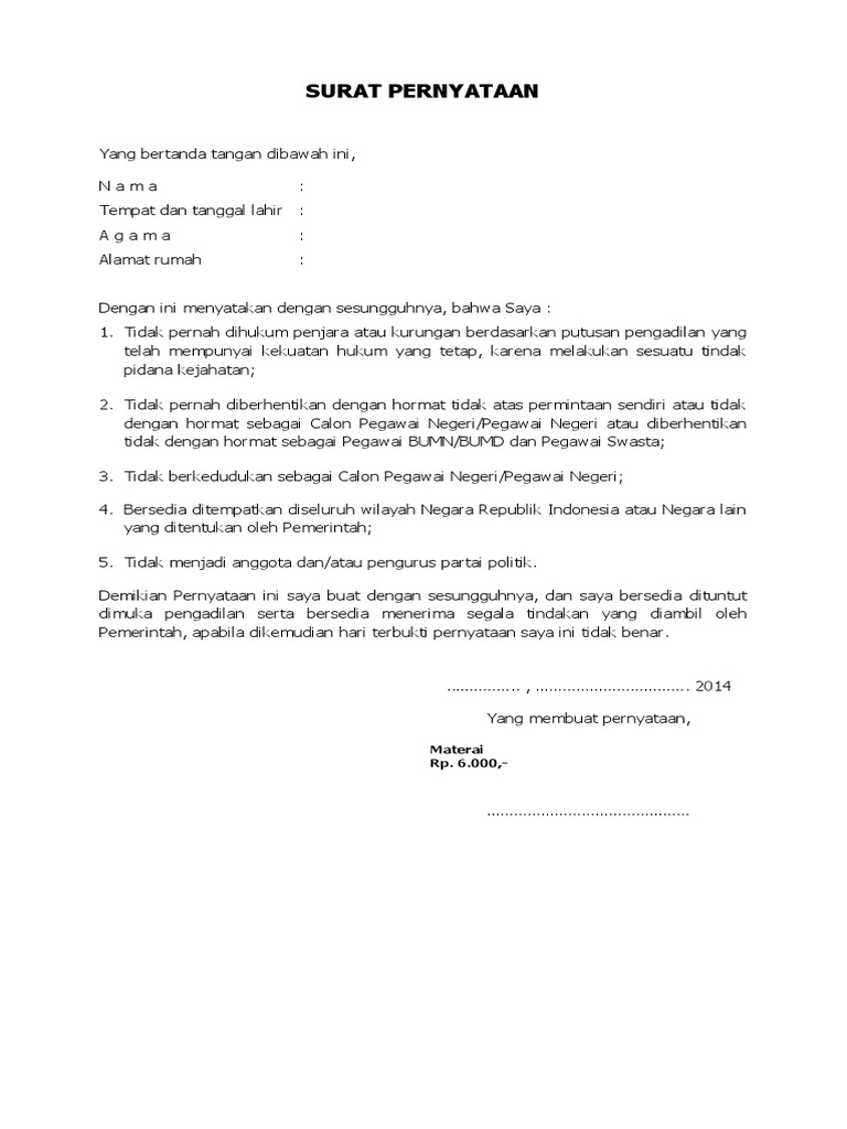 Contoh Surat Pernyataan Diri Sendiri