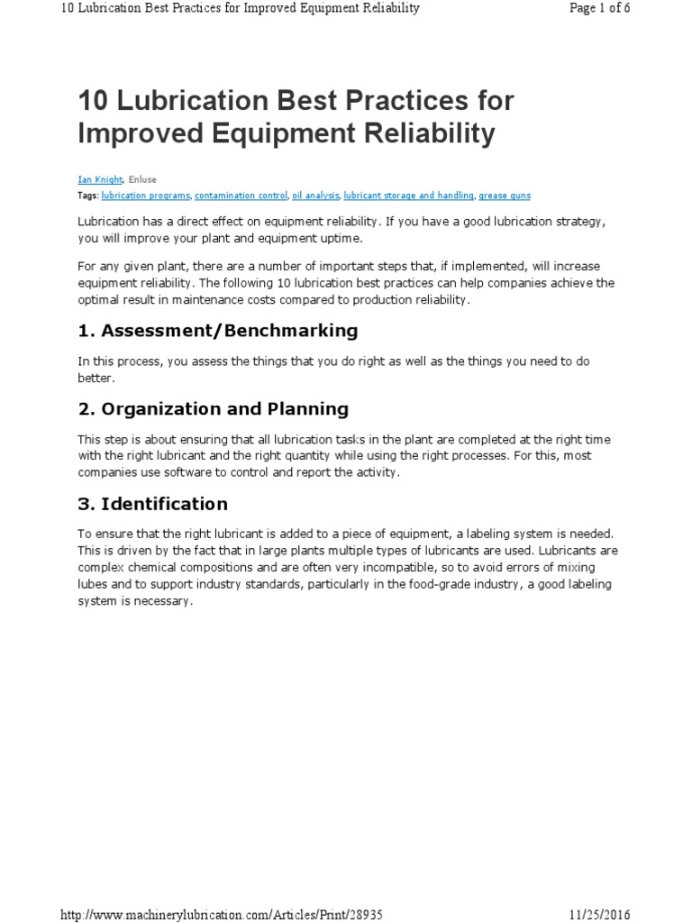 10 Lubrication Best Practices For Improved Equipment Reliability PDF