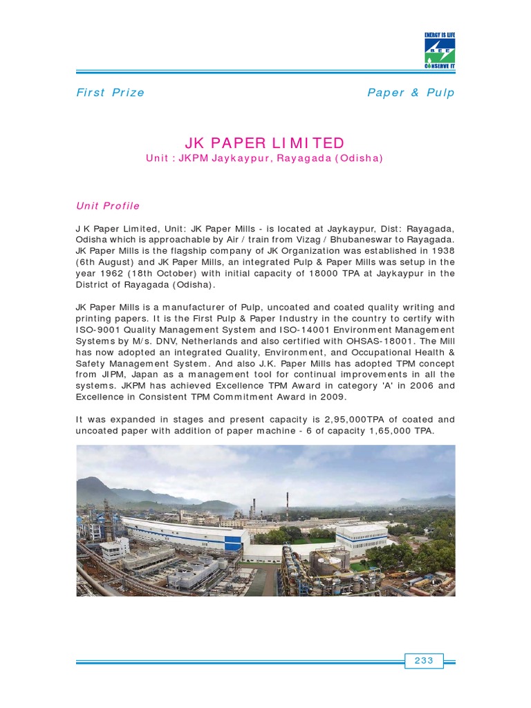 Power Factor JK Paper Ltd. 1st Prize Efficient Energy Use