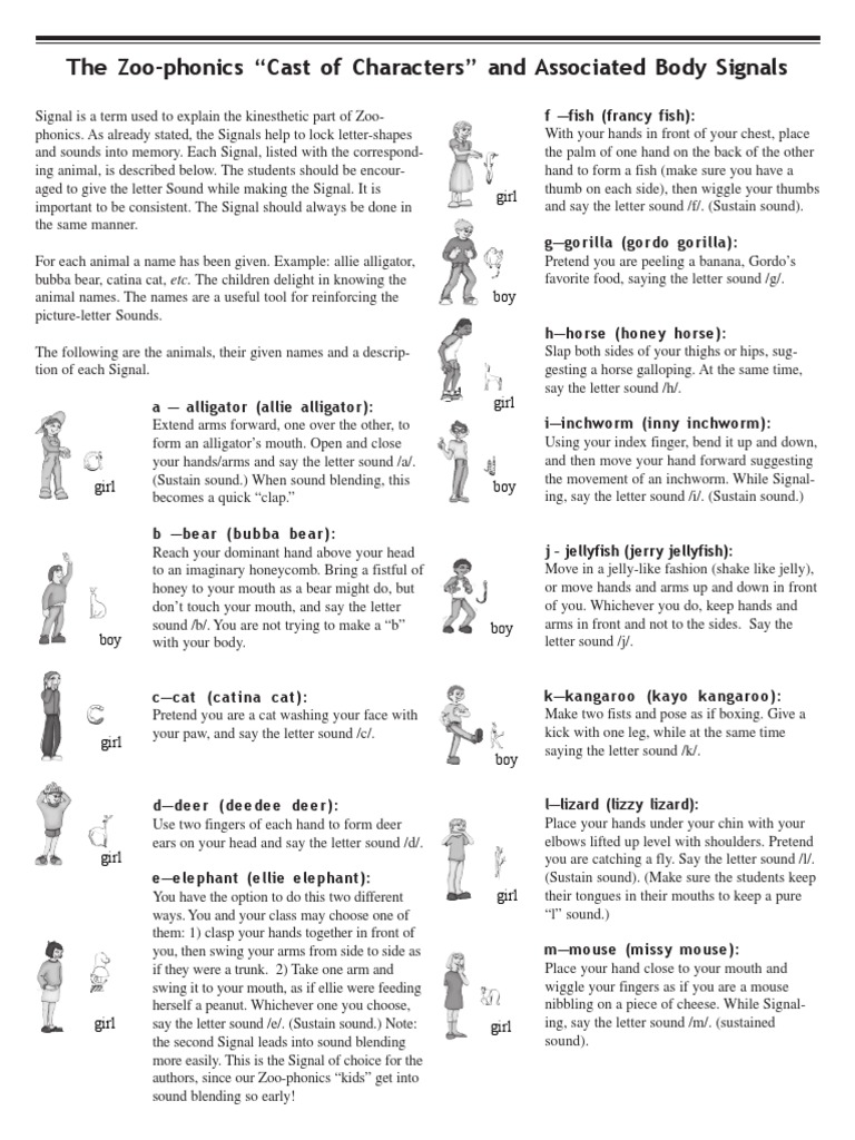 Zoo Phonics Cast of Characters and Body Signals | PDF | Leisure | Sports