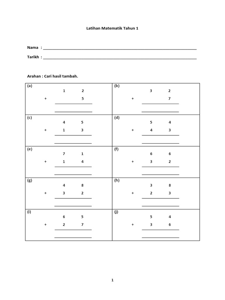 Latihan Matematik Tambah dan Tolak Tahun 1 | PDF