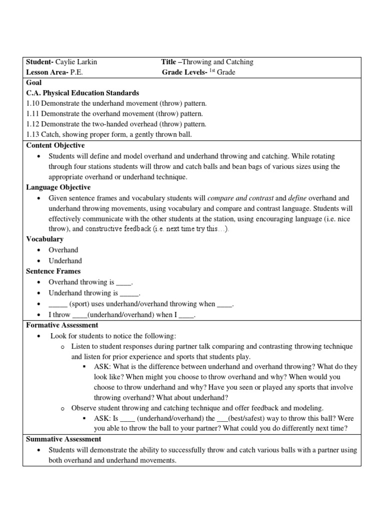 P e Lesson Throwing and Catching PDF Physical Education Educational Assessment