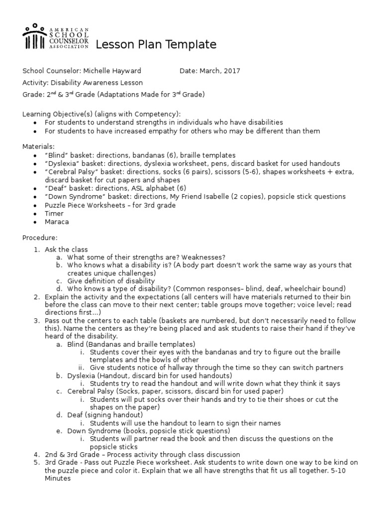 Disability Awareness Lesson Plan | PDF | Disability | Lesson Plan