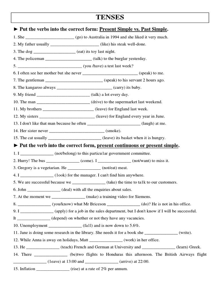 Review Of Tenses Worksheets Pdf