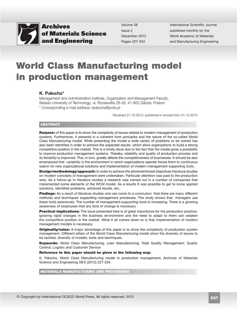World Class Manufacturing Model Pdf Lean Manufacturing Operations Management