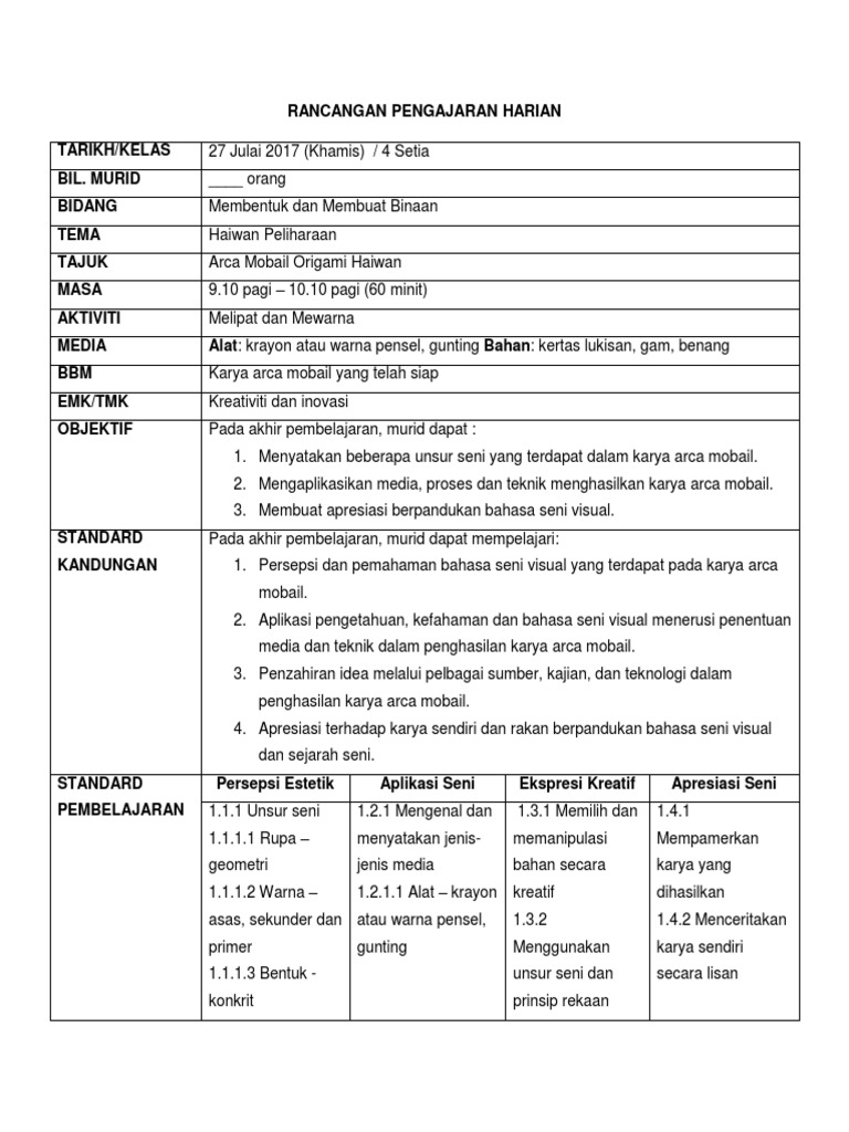  RPH  Pendidikan Seni Visual Tahun 4 Membentuk dan Membuat 