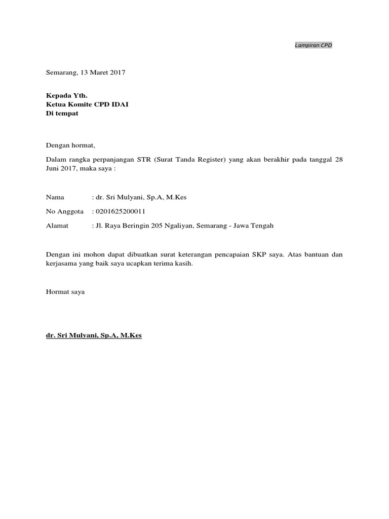 Contoh Surat Permohonan Skp Cpd
