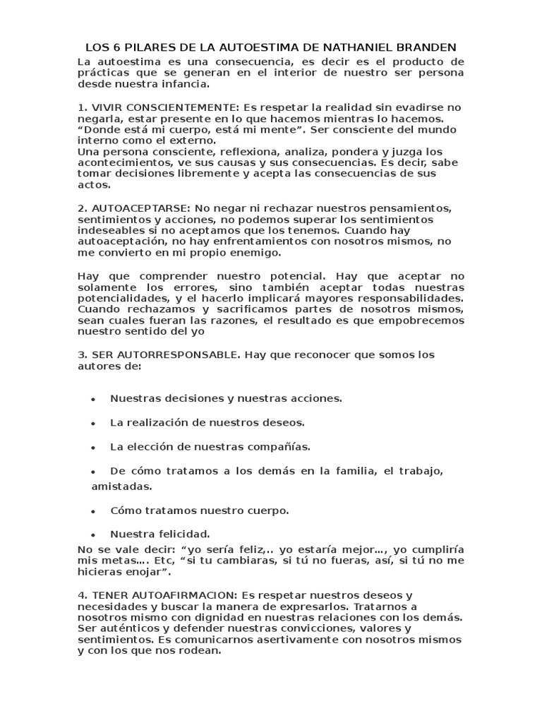 Los 6 Pilares de La Autoestima de Nathaniel Branden | PDF | Autoestima ...