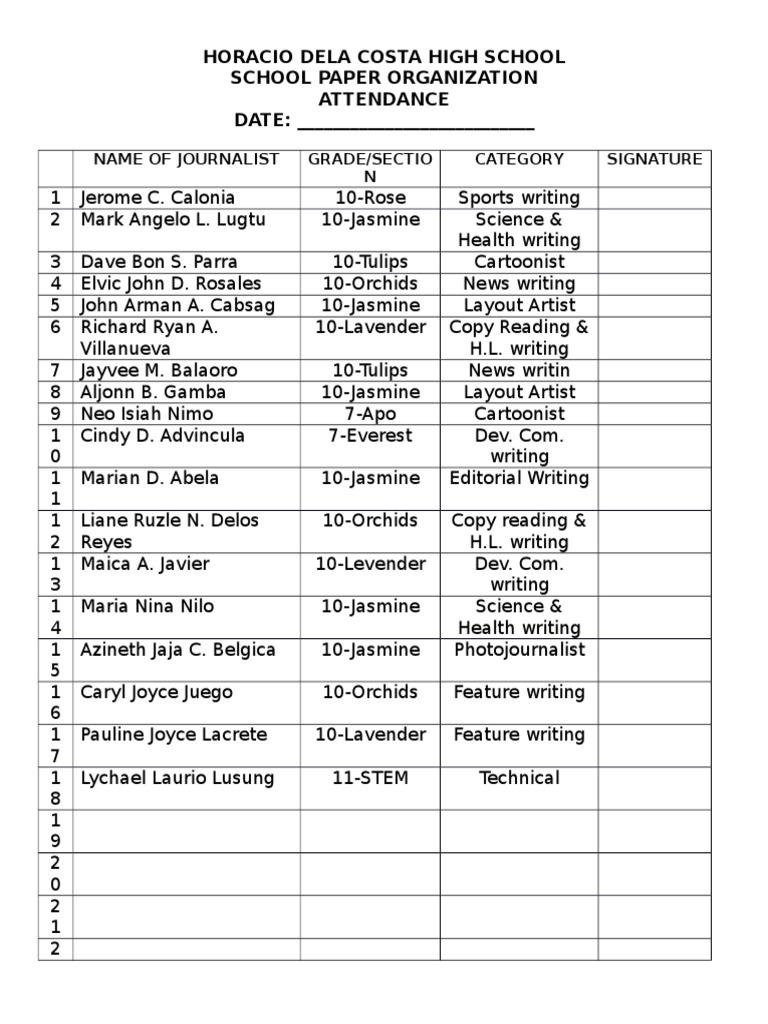 School Paper Staff Roster | PDF