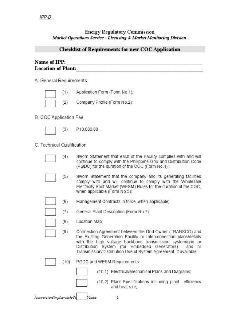 Checklist of Requirements For New COC Application Name of IPP