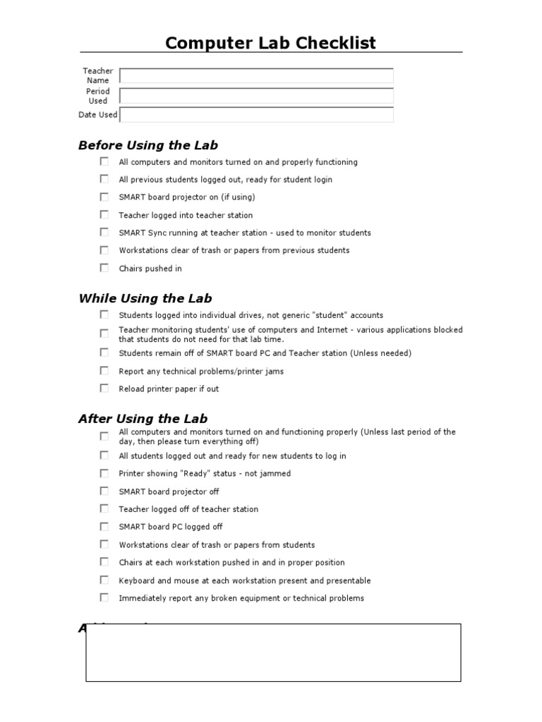 Computer Lab Checklists | PDF | Laptop | Personal Computers