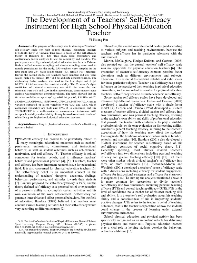 Development of TSES for PE Teachers | PDF | Self Efficacy | Emergence