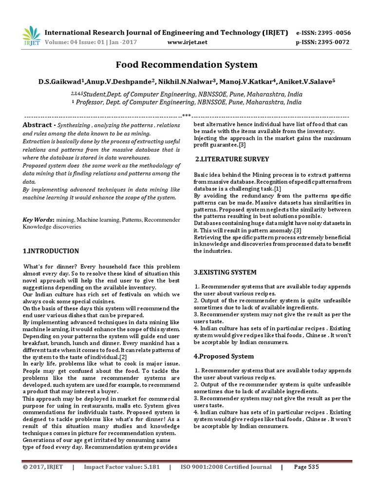 Food Recommendation System | PDF | Data Mining | Databases