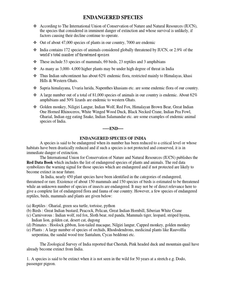 Endangered and Endemic Species in India | PDF | Endangered Species ...