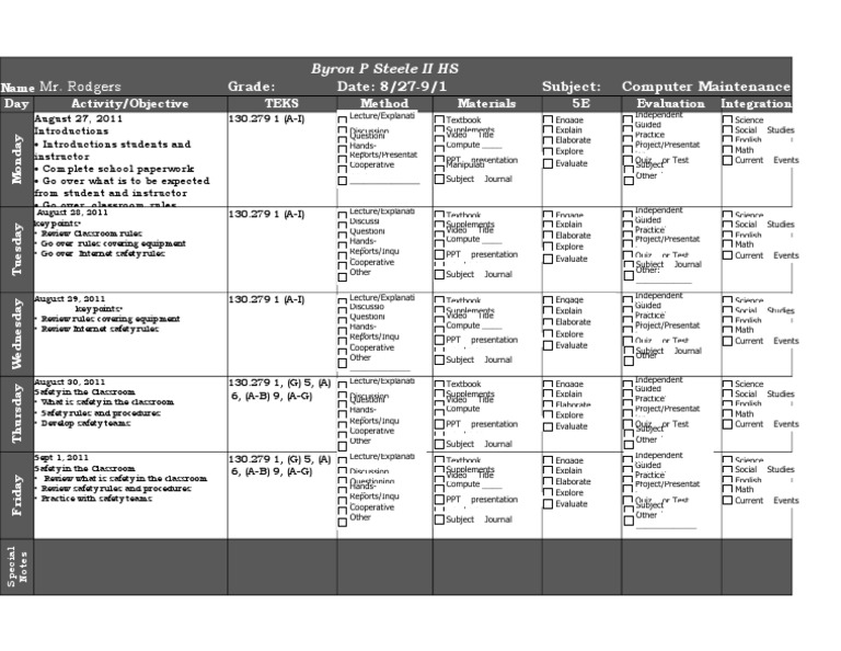Computer Maintenance Class Syllabus and Lesson Plans for the First Week