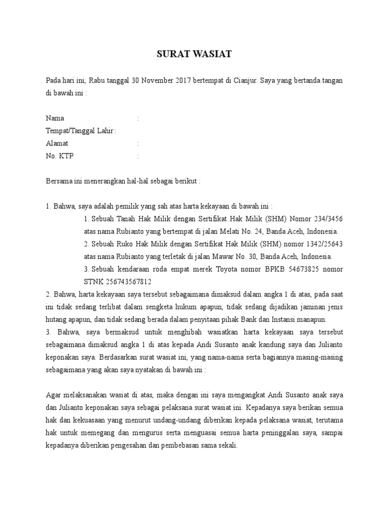 Contoh Surat Wasiat Tanah Untuk Cucu