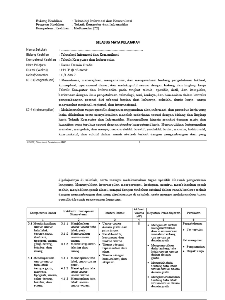 Silabus Desain  Grafis  Smk Kurikulum  2013 Kelas 10 