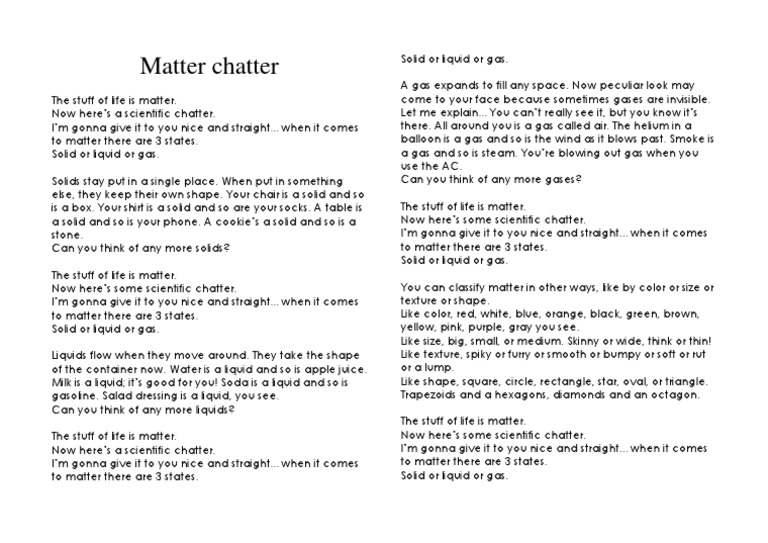 Matter Chatter Song Lyrics Gases Phases Of Matter