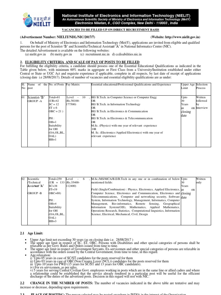NIELIT Recruitment For Scientist and Technical Assistants 2017 Official  Notification | PDF | Computer Science | Computing And Information Technology