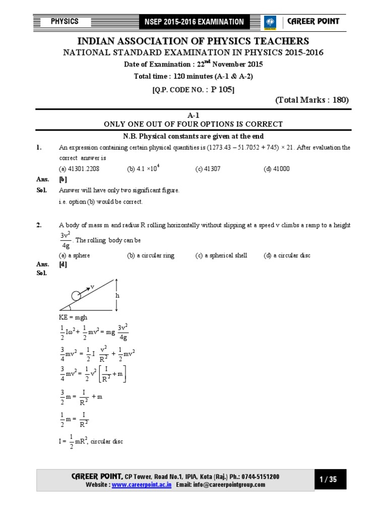 NSEP Physics Exam 2015 Solutions | PDF | Volt | Classical Mechanics