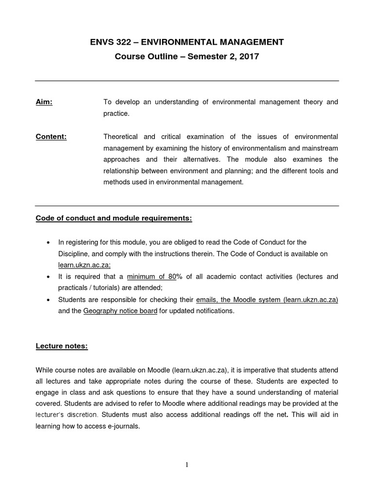 ENVS 322 Course Outline: Environmental Management | PDF | Environmental ...