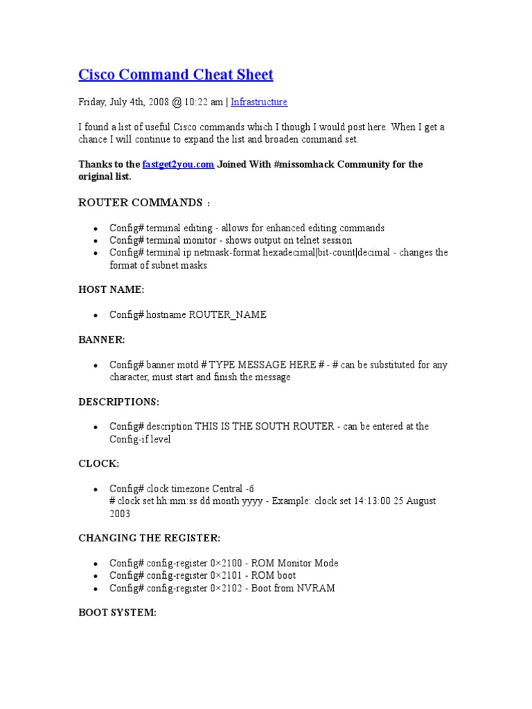 Cisco Cheat Sheet | Ip Address | Network Socket