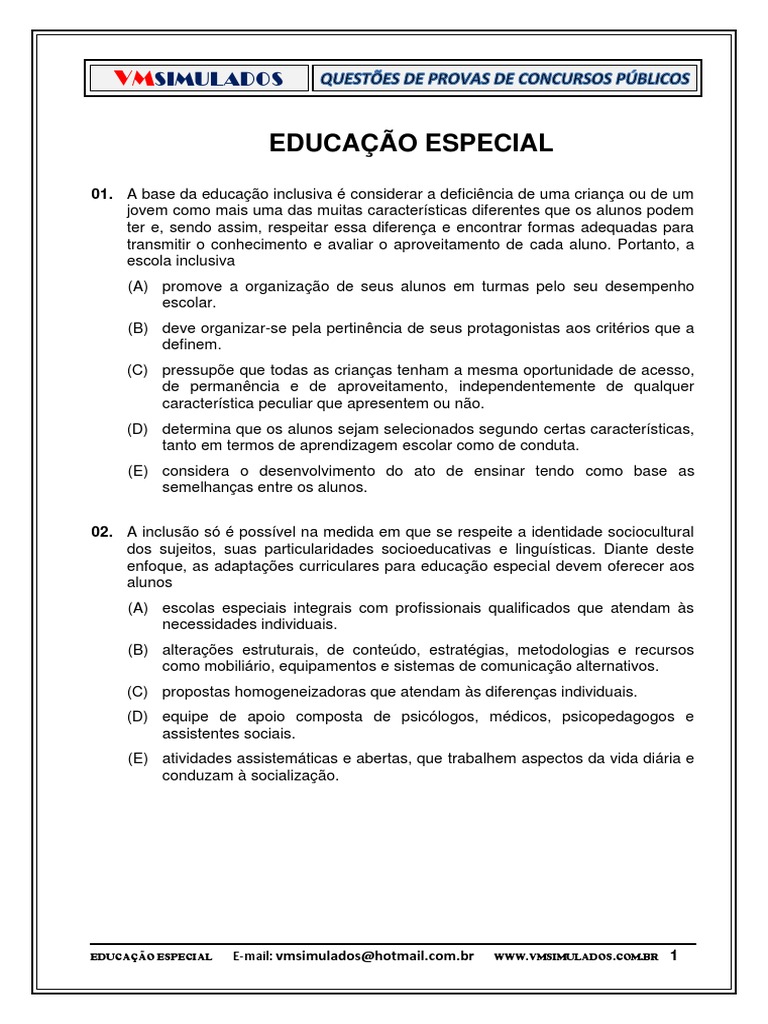 Simulado de Educação Inclusiva com Gabarito | PDF | Educação Especial ...