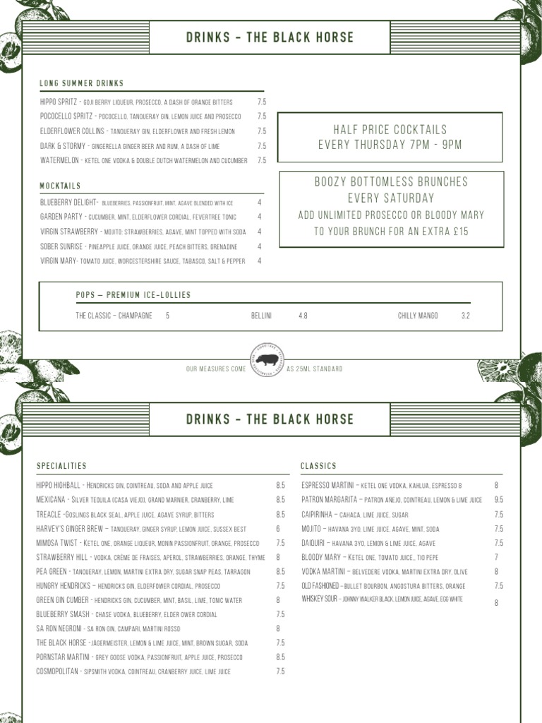 Black Horse Drinks Menu Scotch Whisky Alcoholic Drinks