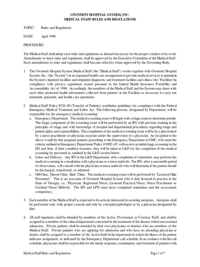 Medical Staff Rules and Regs Patient Surgery
