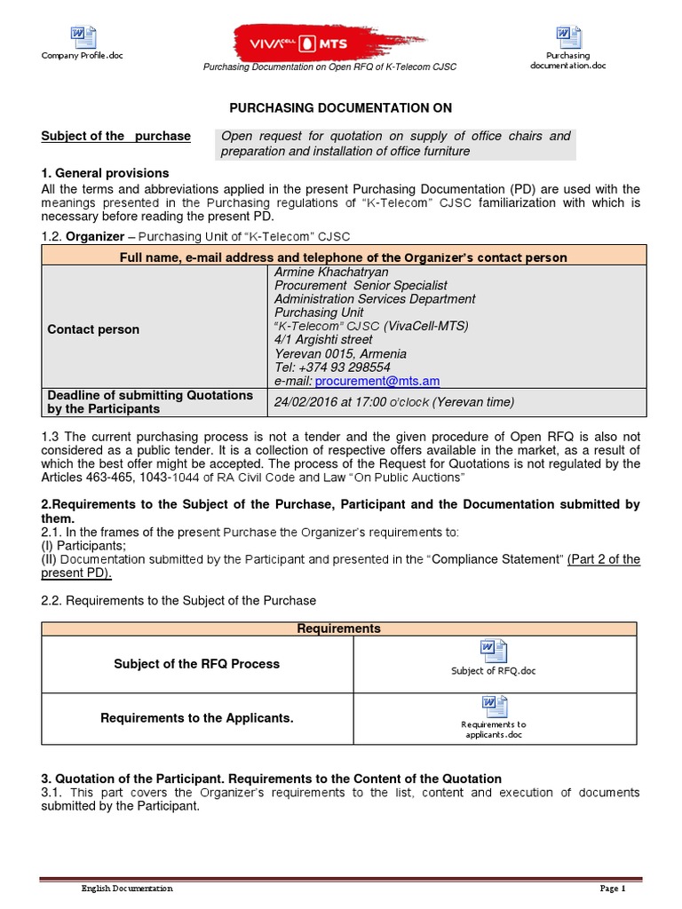 Purchasing Documentation On Open RFQ of K-Telecom CJSC: Procurement@mts ...