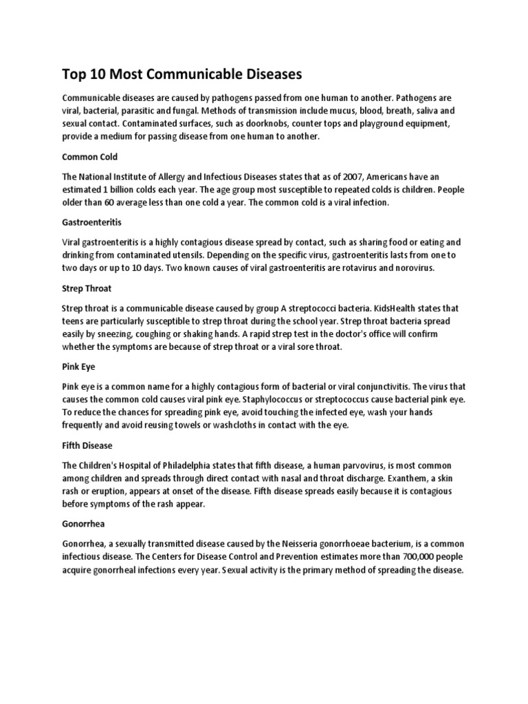 Top 10 Most Communicable Diseases Infection Public Health