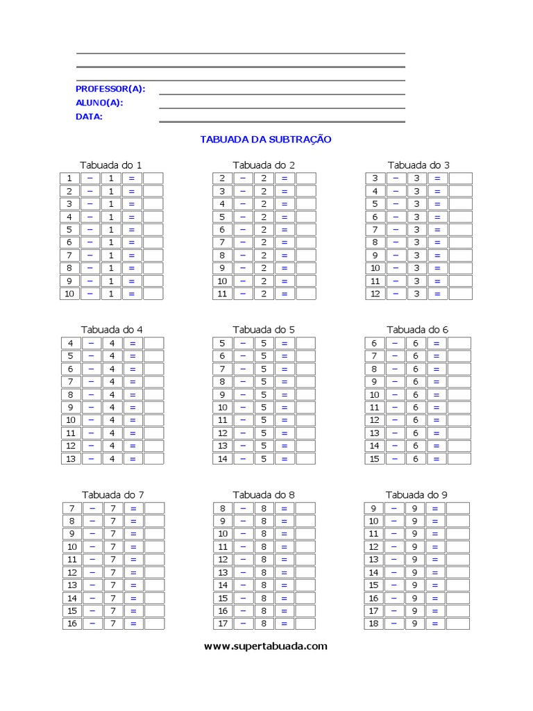 Tabuada de Multiplicação para Completar e Imprimir