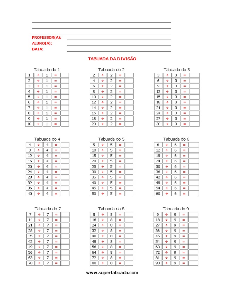 Tabuada Da Multiplicação para Imprimir em PDF - Formato A4