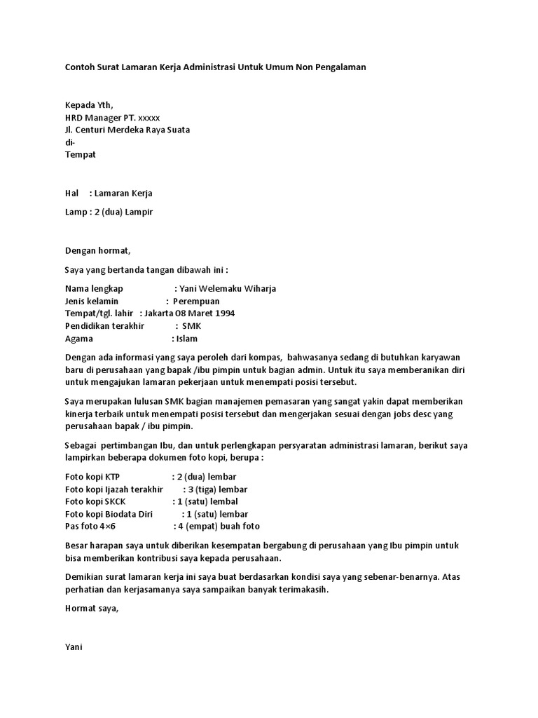 Contoh Surat Lamaran Kerja Administrasi Untuk Umum Non Pengalaman