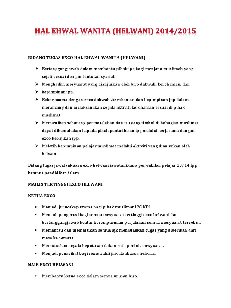 Bidang Tugas Exco Hal Ehwal Wanita Pdf