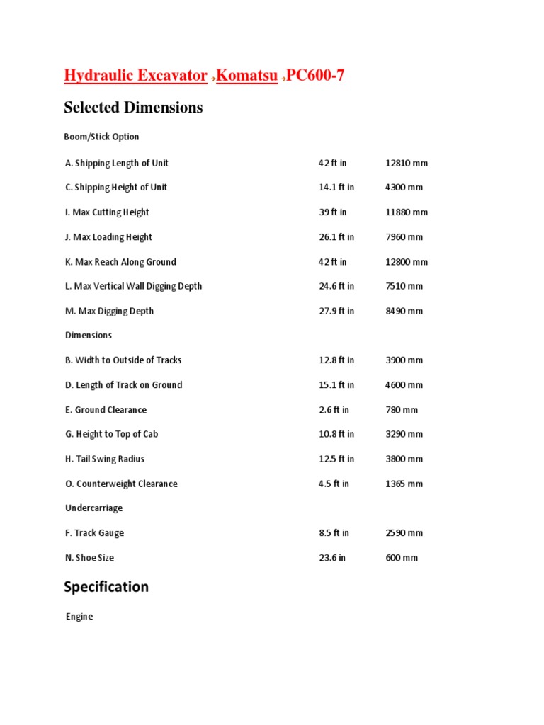 Komatsu PC600-7 Excavator Specifications | PDF | Engine Technology ...