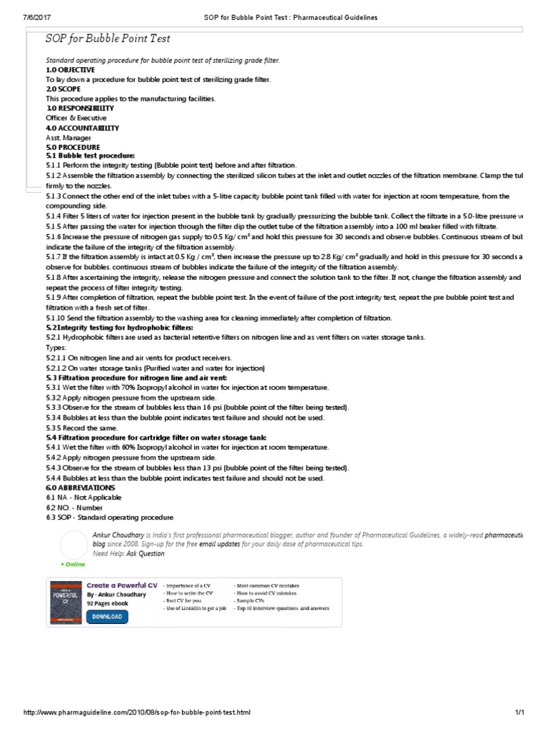 SOP For Bubble Point Test - Pharmaceutical Guidelines | Download Free ...