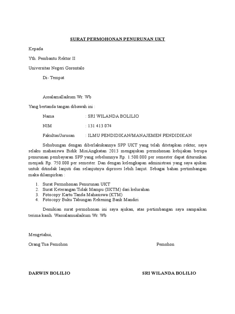 Surat Permohonan Penurunan Ukt