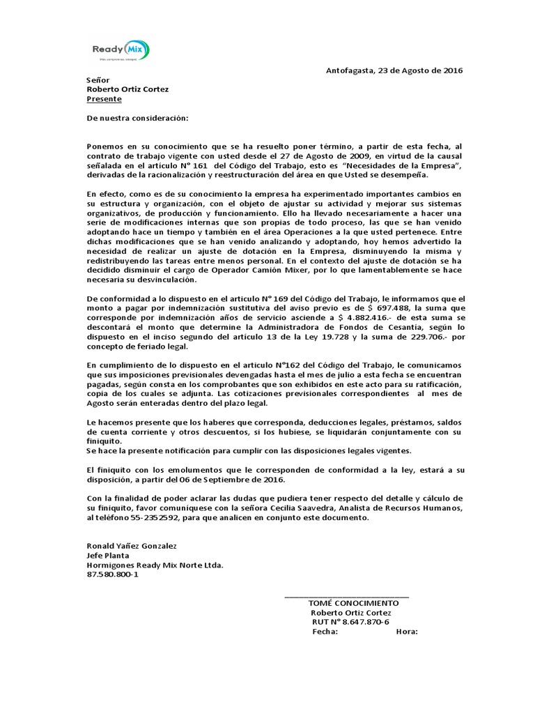 Carta Despido Tipo Necesidades de la Empresa Disminución Dotación