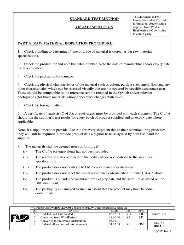 Standard Test Method Visual Inspection: WARNING: UNCONTROLLED COPY ...