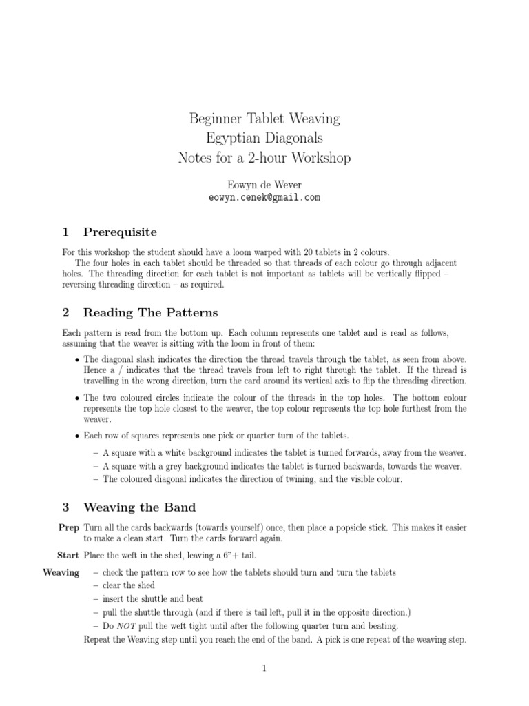 Tabletweaving Egyptian Diagonals Handout PDF Weaving Loom