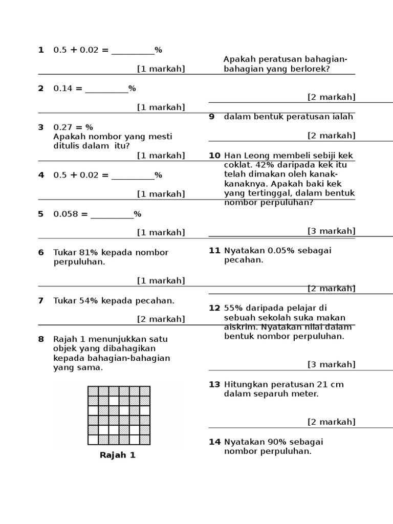 Latihan Matematik Tahun 5 Pecahan Peratus Perpuluhan Pdf