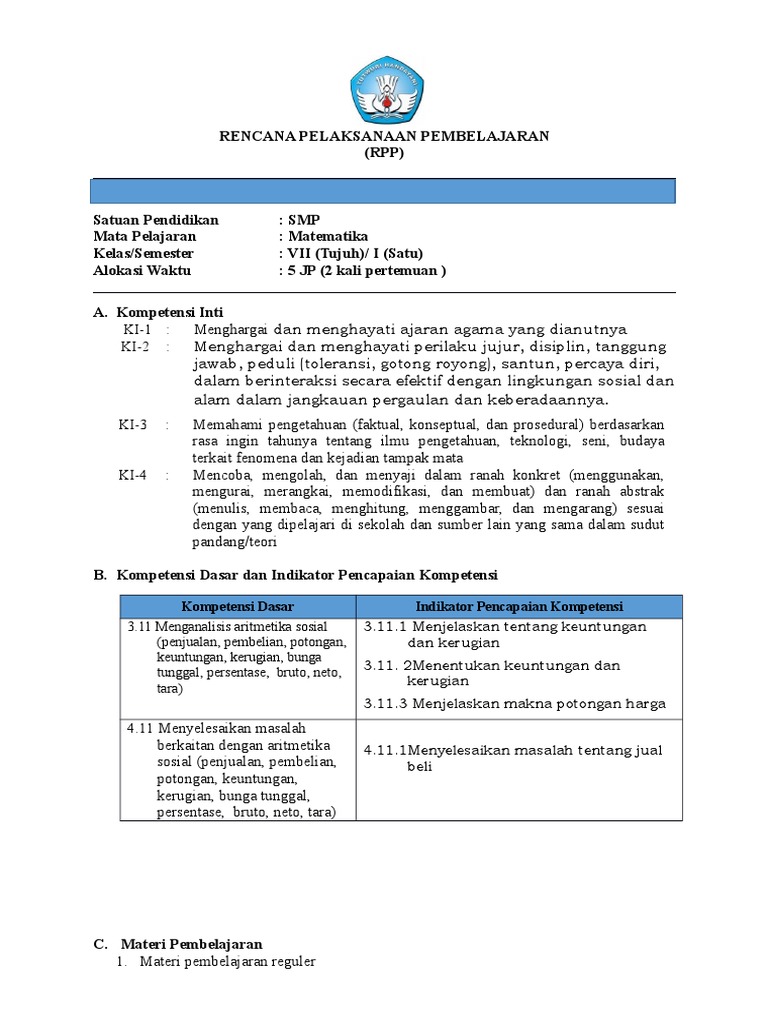 Rpp Aritmatika Sosial 1 Docx