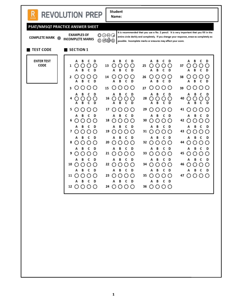 PSAT Answer Sheet Psat/Nmsqt