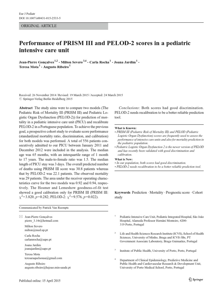 Performance of PRISM III and PELOD2 Score in a PICU Receiver