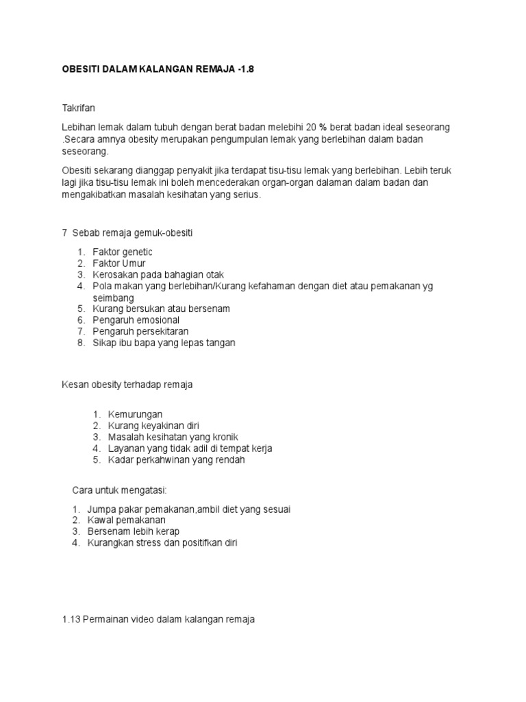 Obesiti Dalam Kalangan Remaja Utk Nilam Pdf