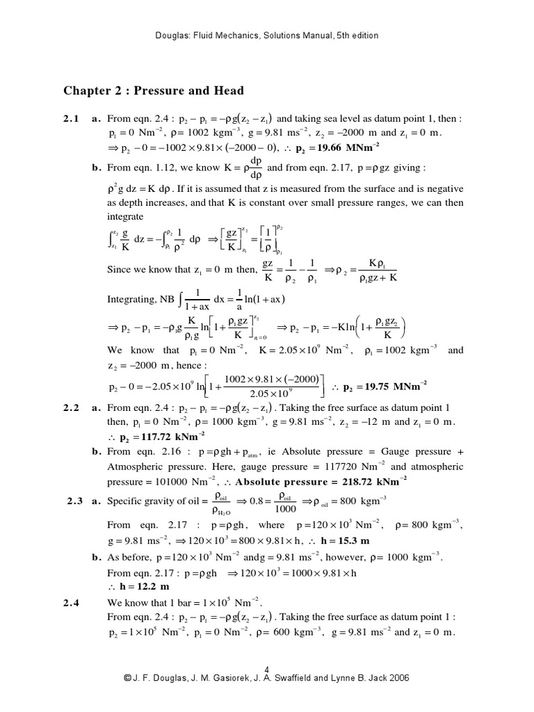 Fluid Mechanics 5th Edition Chapter 2 Solutions Douglas Pressure Pressure Measurement