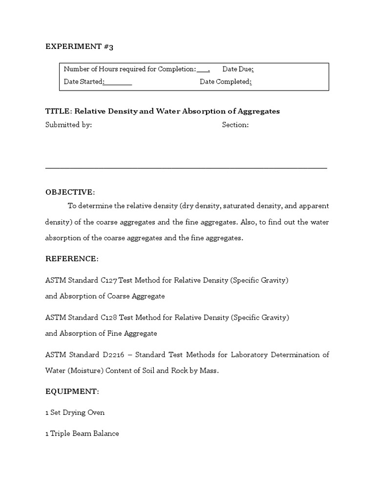 Relative Density and Water Absorption Lab | PDF | Construction ...
