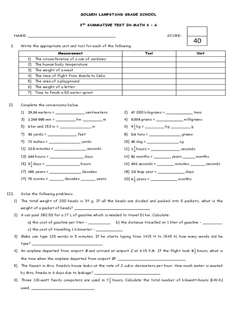 Golden Lampstand Grade School 3 Summative Test in Math 6 A PDF
