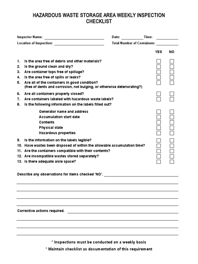 Hazardous Waste Storage Area Weekly Inspection Checklist